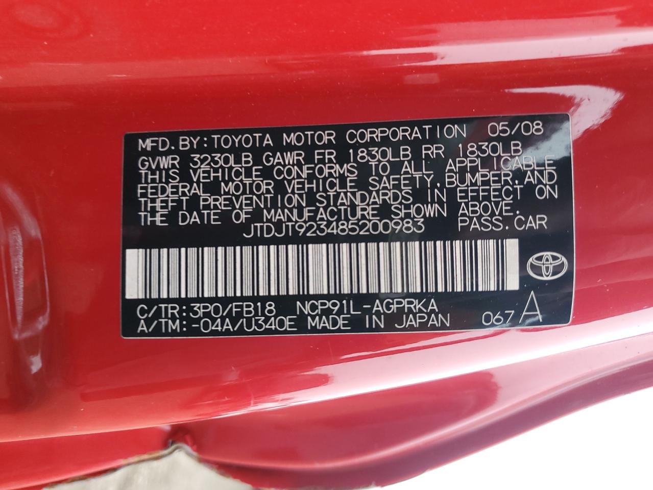 2008 Toyota Yaris VIN: JTDJT923485200983 Lot: 92675895