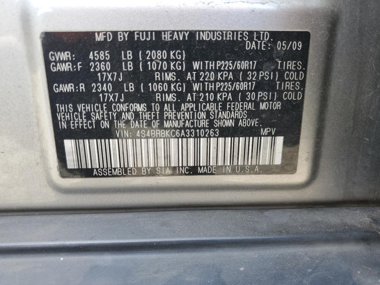 2010 Subaru Outback 2.5I Limited VIN: 4S4BRBKC6A3310263 Lot: 92493405