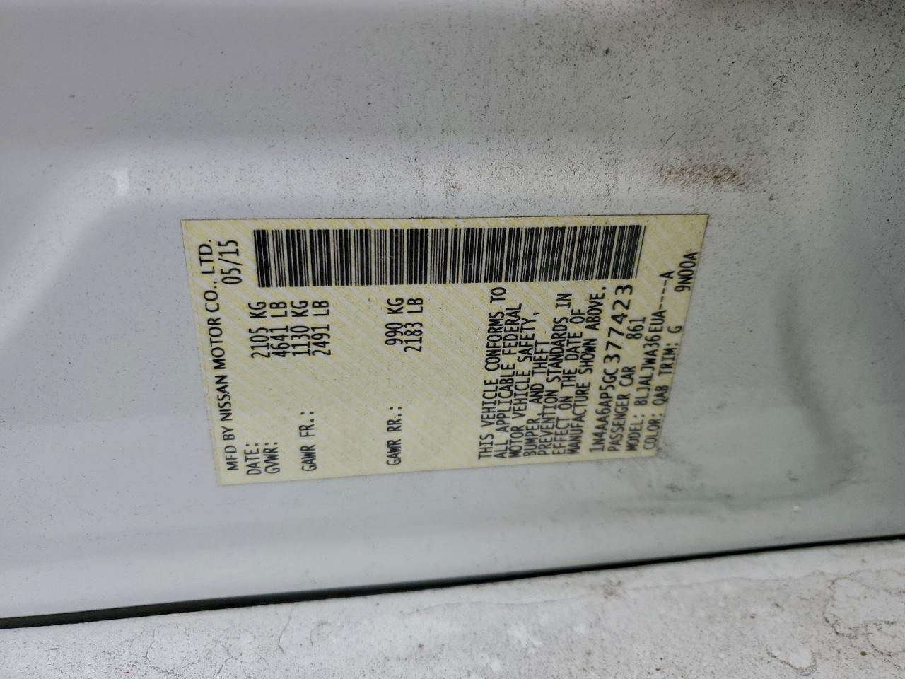 2016 Nissan Maxima 3.5S VIN: 1N4AA6AP5GC377423 Lot: 93097465