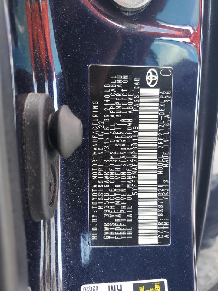 2022 Toyota Corolla Le VIN: 5YFEPMAE7NP381619 Lot: 92761515