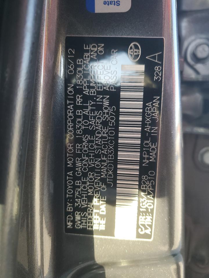 2012 Toyota Prius C VIN: JTDKDTB3XC1015075 Lot: 92593065