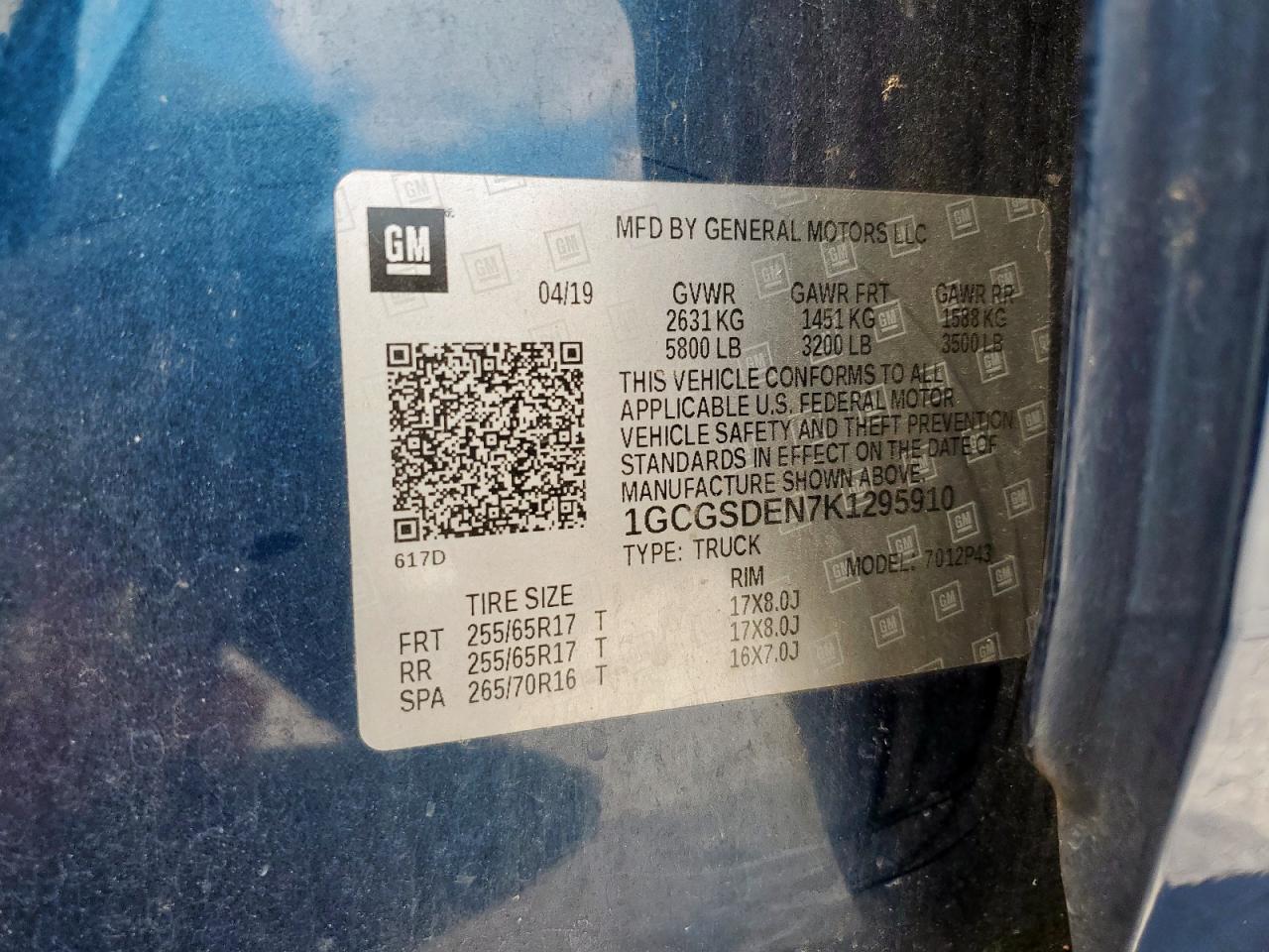 2019 Chevrolet Colorado Z71 VIN: 1GCGSDEN7K1295910 Lot: 91327595