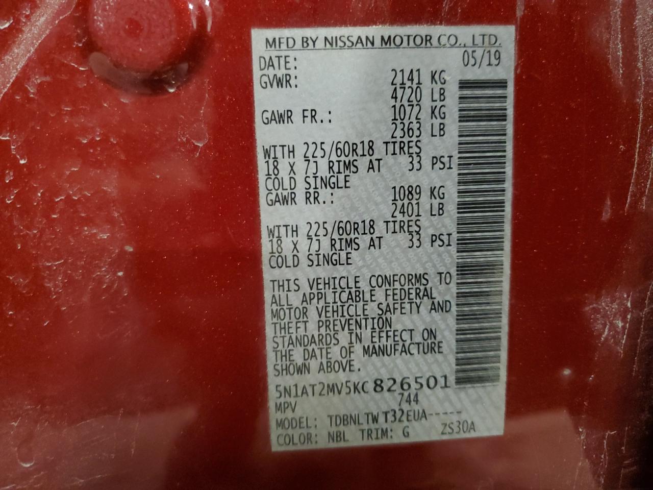 2019 Nissan Rogue S VIN: 5N1AT2MV5KC826501 Lot: 92978005