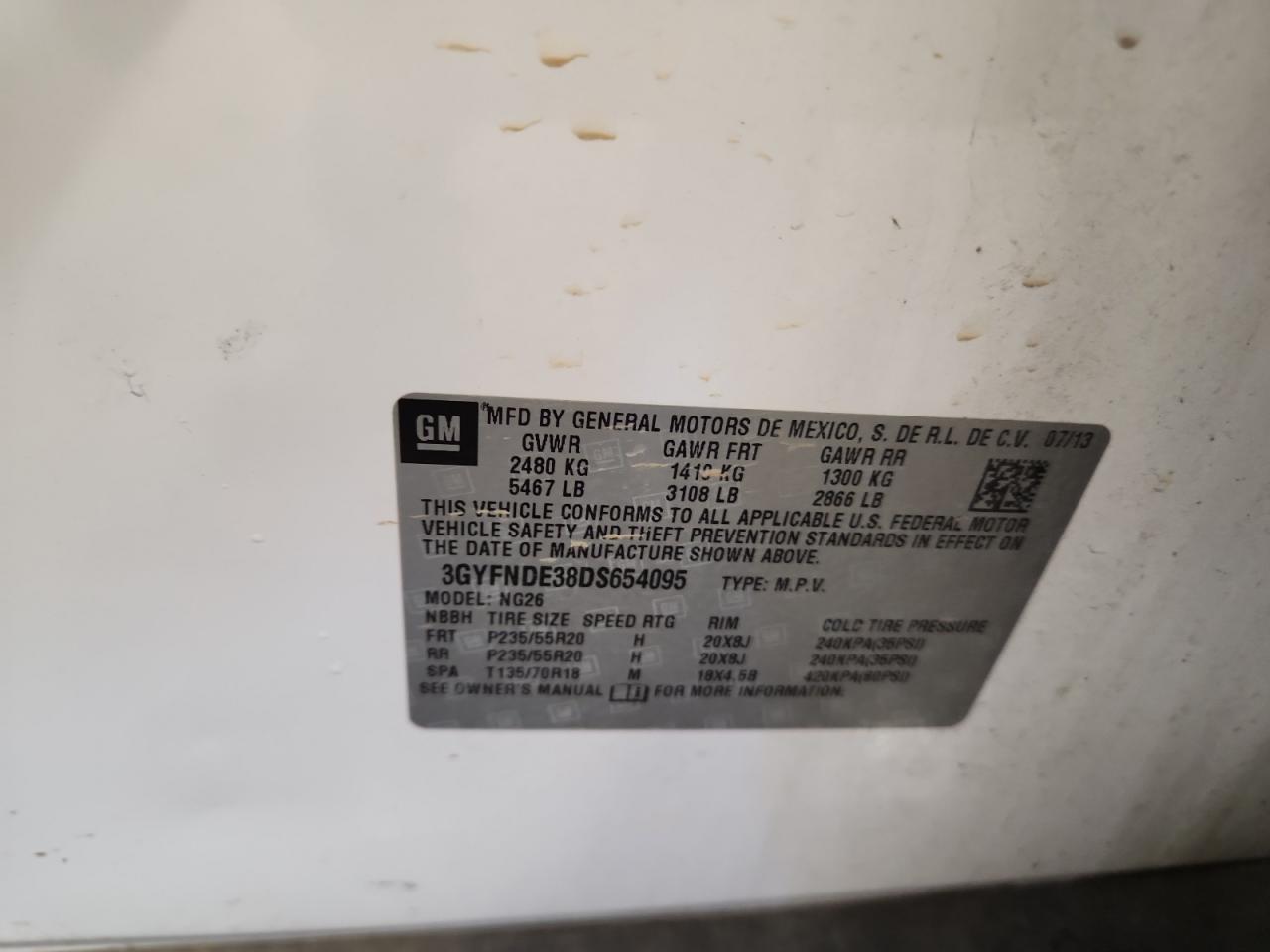 2013 Cadillac Srx Performance Collection VIN: 3GYFNDE38DS654095 Lot: 91918135