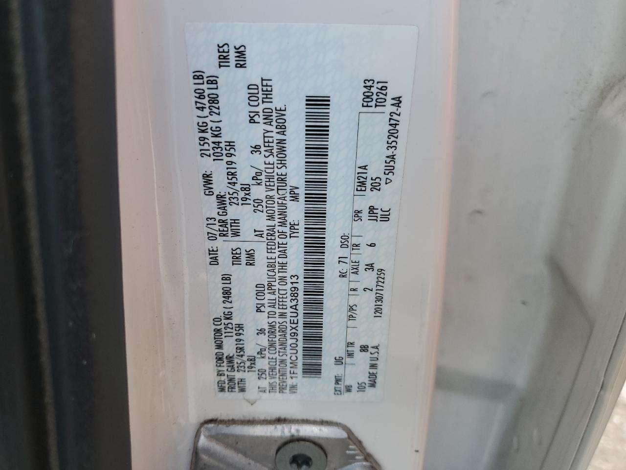 2014 Ford Escape Titanium VIN: 1FMCU0J9XEUA38913 Lot: 92259465