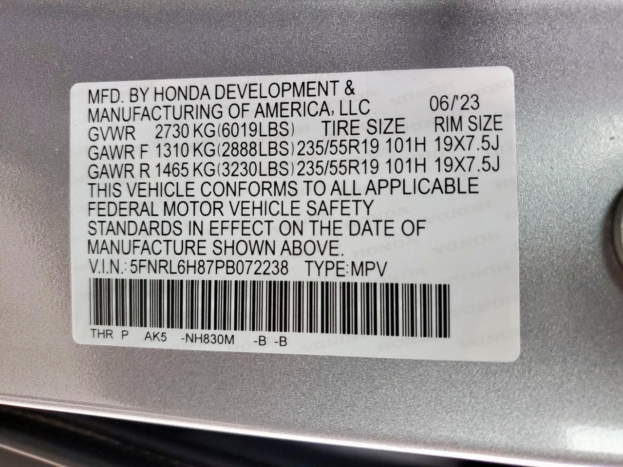 2023 Honda Odyssey Touring VIN: 5FNRL6H87PB072238 Lot: 93442215