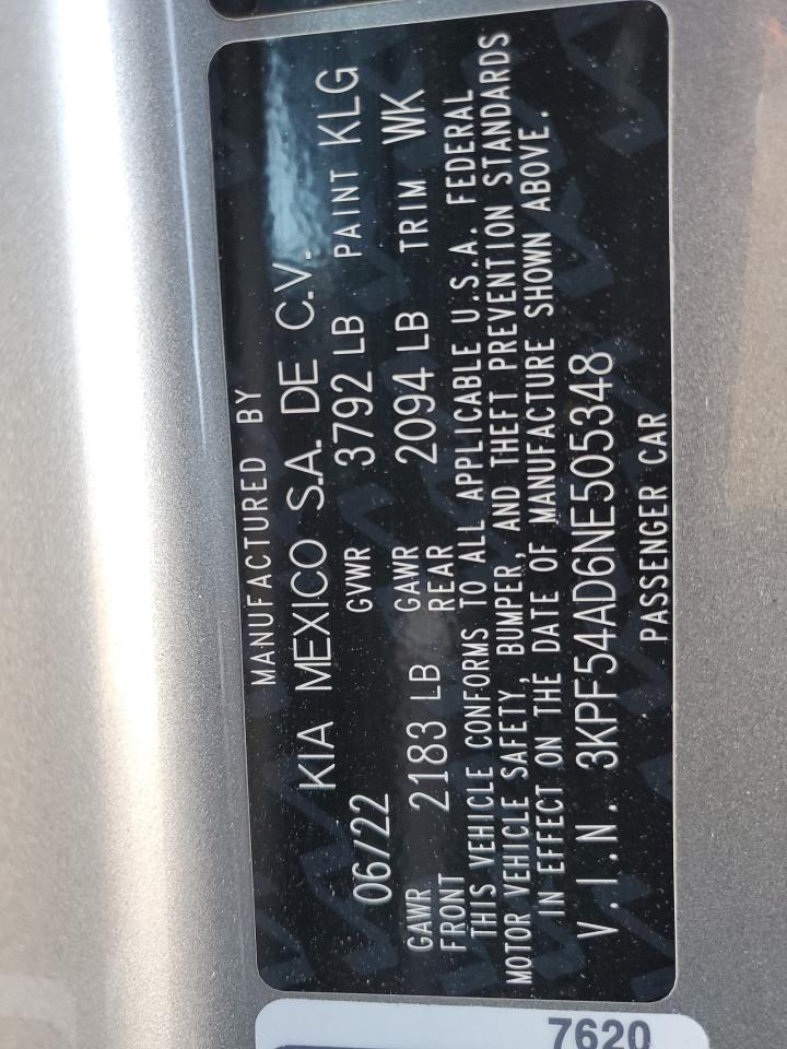 2022 Kia Forte Gt Line VIN: 3KPF54AD6NE505348 Lot: 91947505