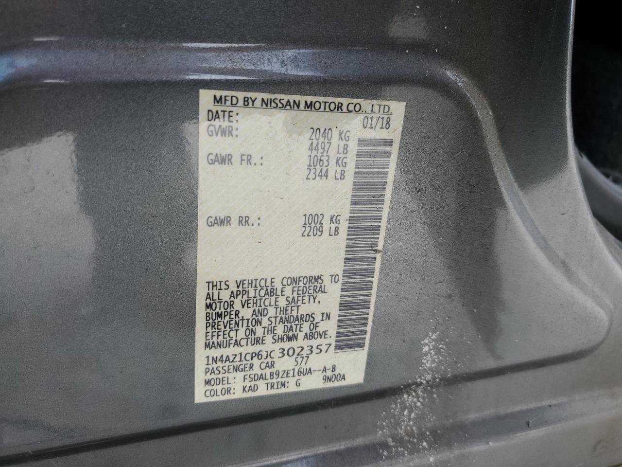 2018 Nissan Leaf S VIN: 1N4AZ1CP6JC302357 Lot: 91468275