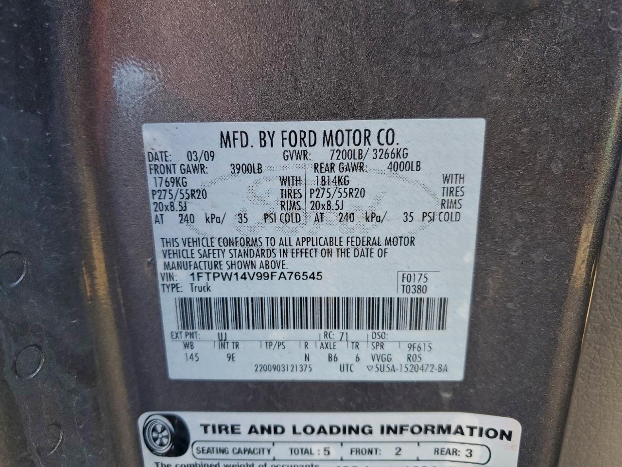 2009 Ford F150 Supercrew VIN: 1FTPW14V99FA76545 Lot: 94285425