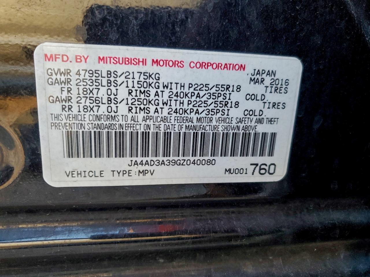 2016 Mitsubishi Outlander Se VIN: JA4AD3A39GZ040080 Lot: 93741645