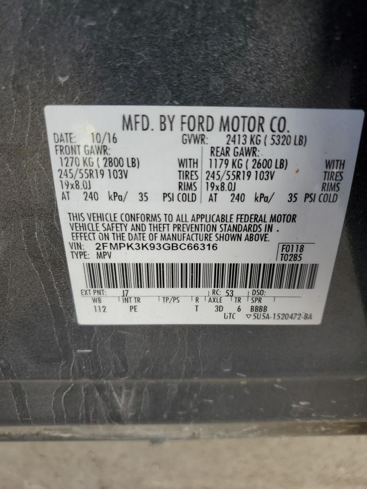 2016 Ford Edge Titanium VIN: 2FMPK3K93GBC66316 Lot: 90486015