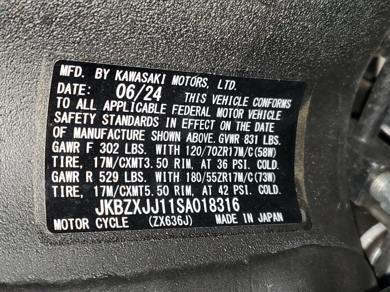 2025 Kawasaki Zx636 K VIN: JKBZXJJ11SA018316 Lot: 93101005