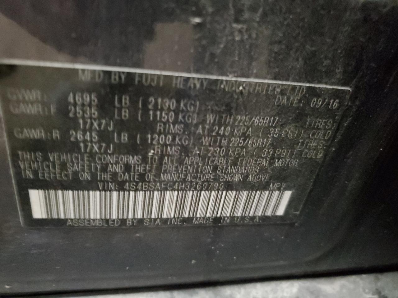 2017 Subaru Outback 2.5I Premium VIN: 4S4BSAFC4H3260790 Lot: 92379855