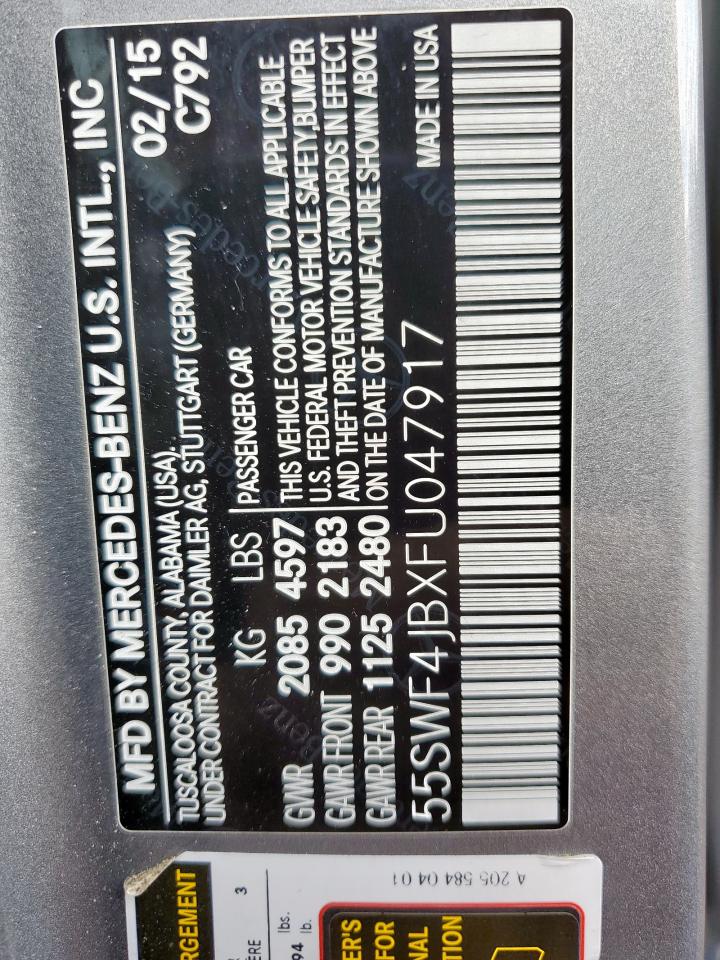 2015 Mercedes-Benz C 300 VIN: 55SWF4JBXFU047917 Lot: 92738255