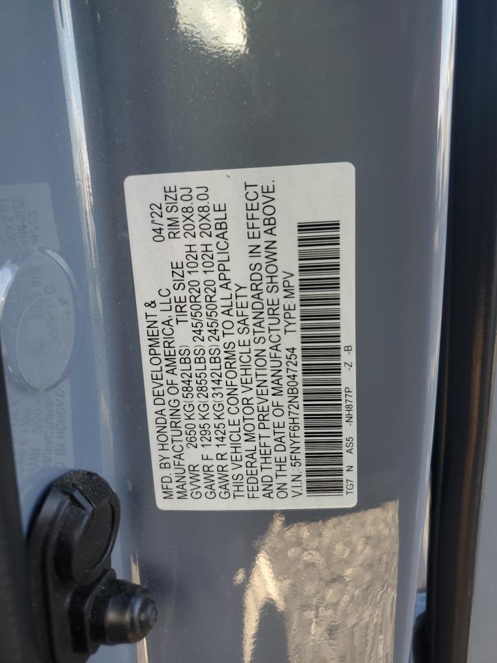 2022 Honda Pilot Black VIN: 5FNYF6H72NB047254 Lot: 91507845