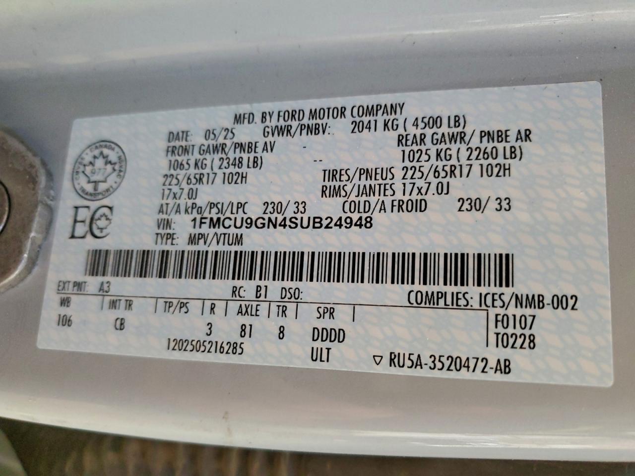 2025 Ford Escape Active VIN: 1FMCU9GN4SUB24948 Lot: 95068445