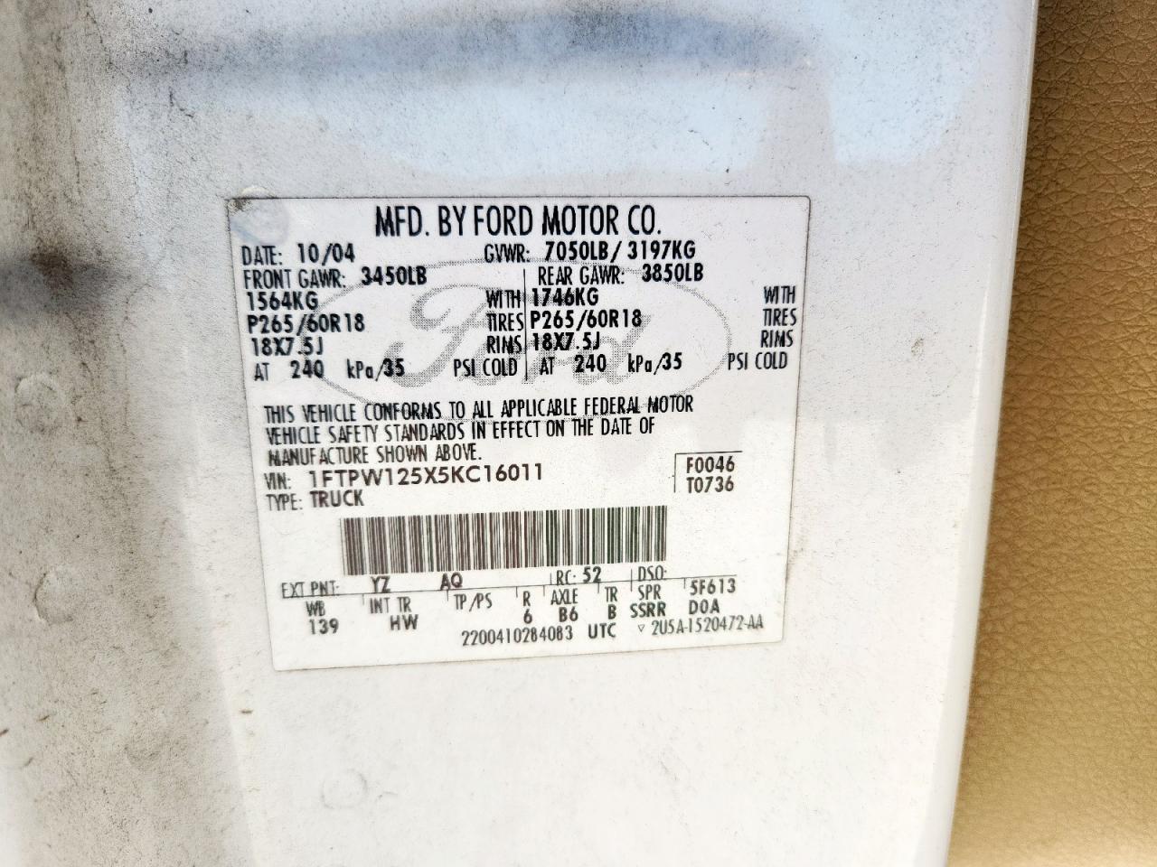 2005 Ford F150 Supercrew VIN: 1FTPW125X5KC16011 Lot: 92461775