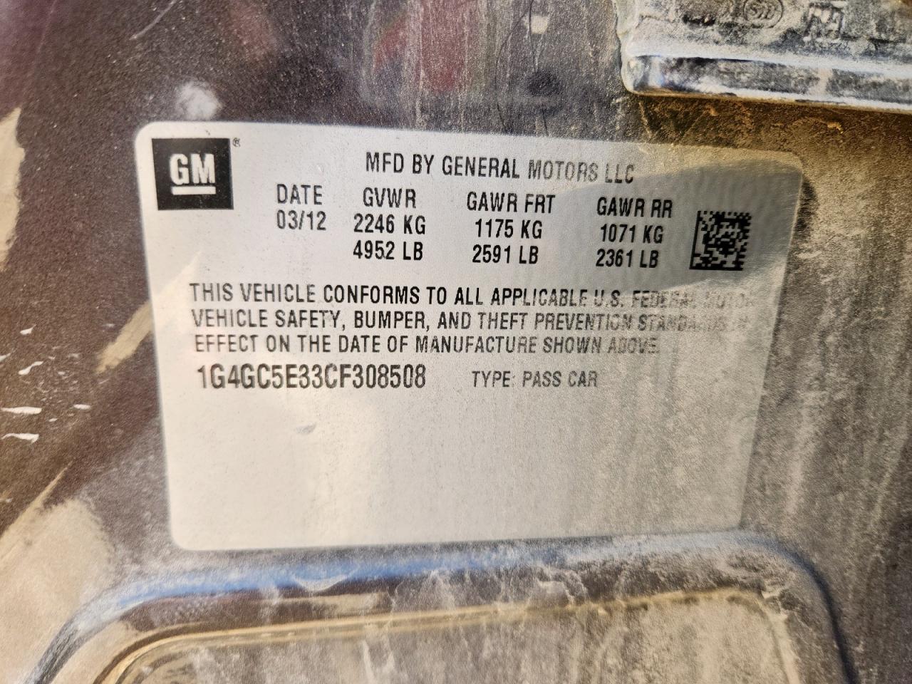 2012 Buick Lacrosse VIN: 1G4GC5E33CF308508 Lot: 91885605