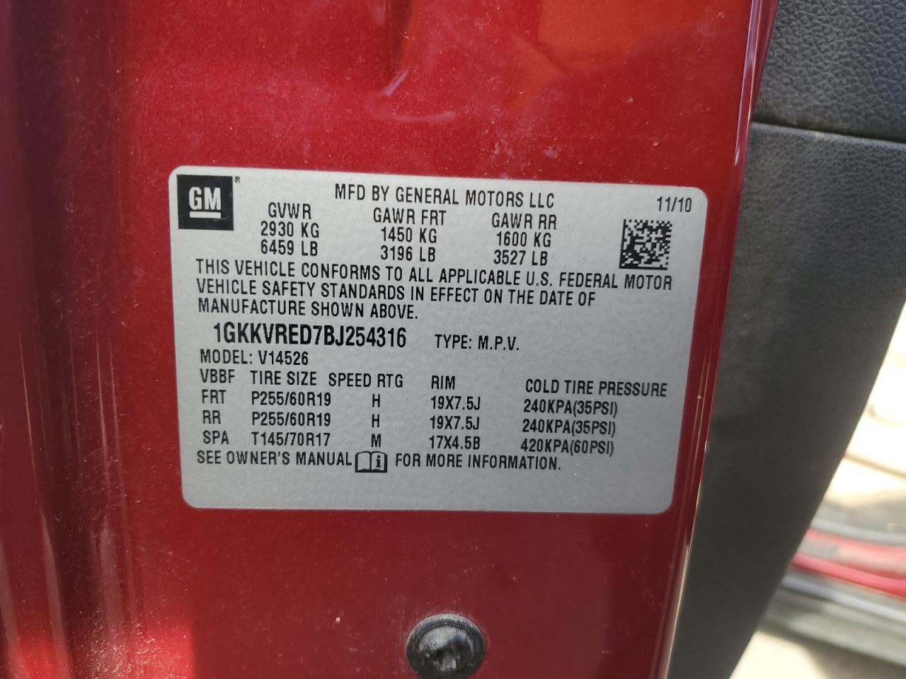 2011 GMC Acadia Slt-1 VIN: 1GKKVRED7BJ254316 Lot: 91624485