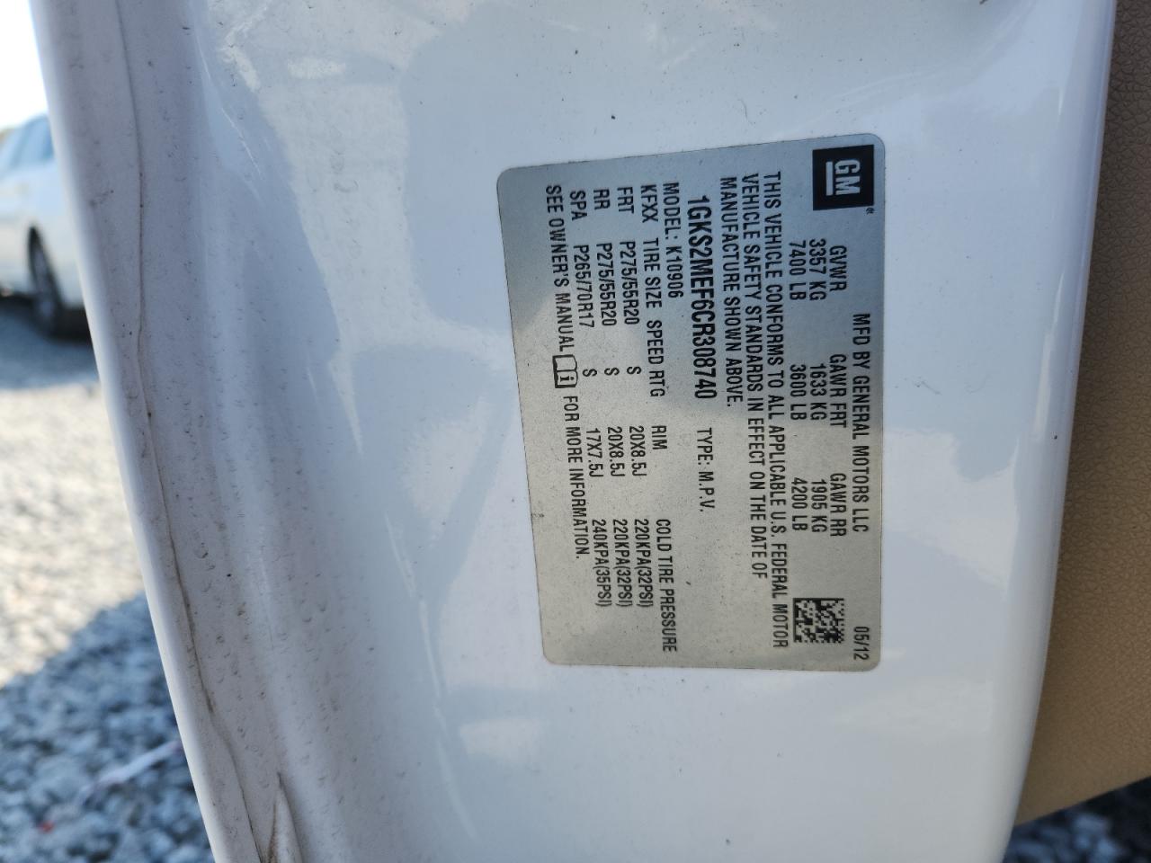 2012 GMC Yukon Xl Denali VIN: 1GKS2MEF6CR308740 Lot: 90576435