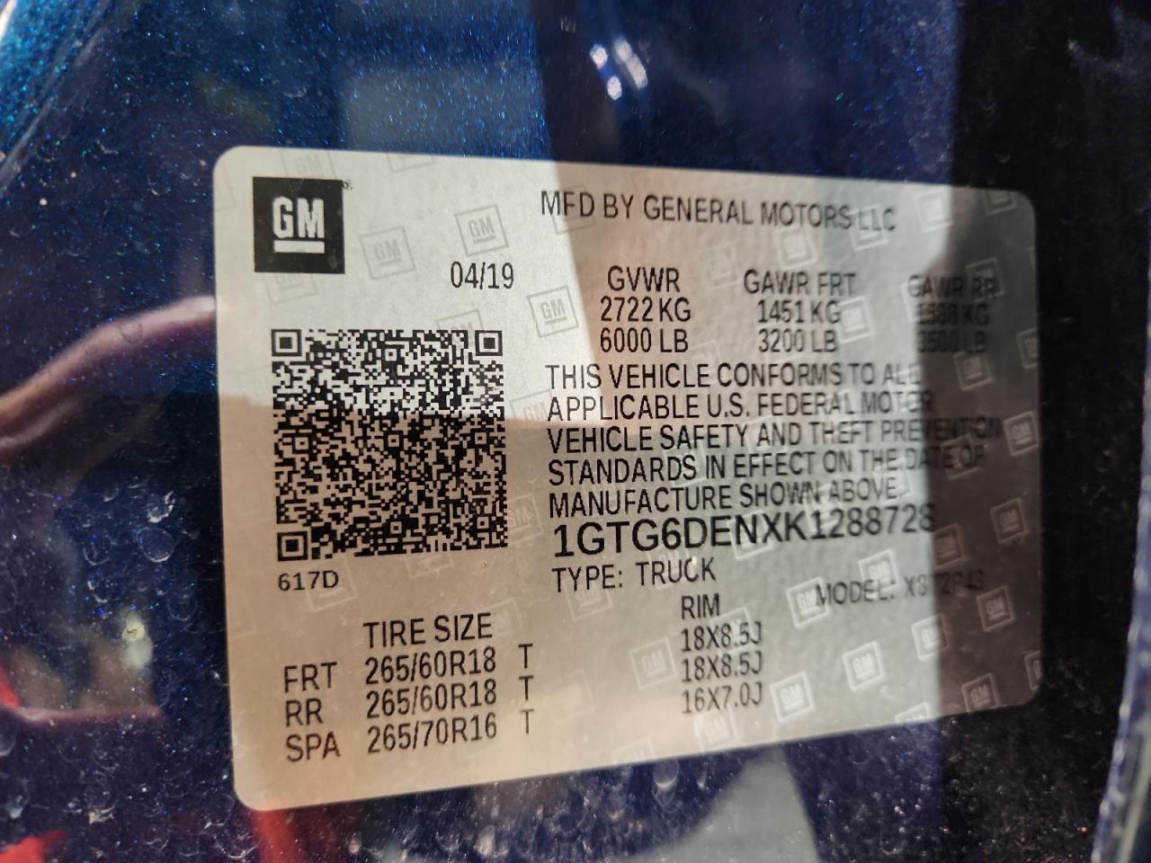 2019 GMC Canyon Slt VIN: 1GTG6DENXK1288728 Lot: 93196625