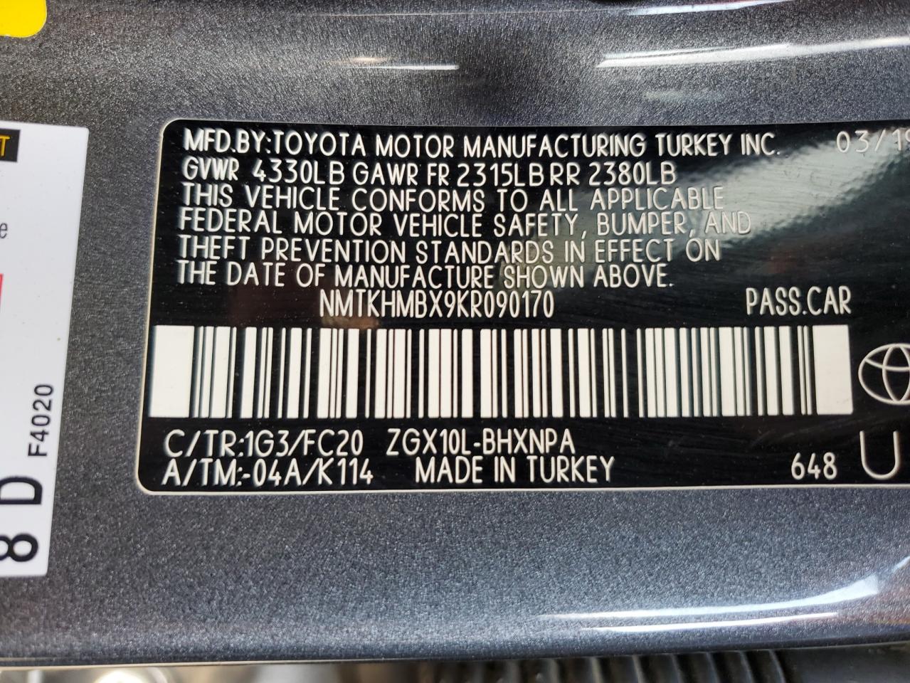 2019 Toyota C-Hr Xle VIN: NMTKHMBX9KR090170 Lot: 93024395