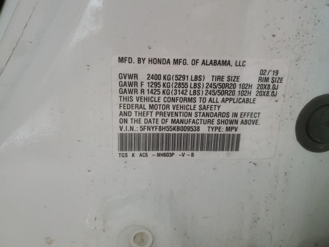 2019 Honda Passport Exl VIN: 5FNYF8H55KB009538 Lot: 93550335