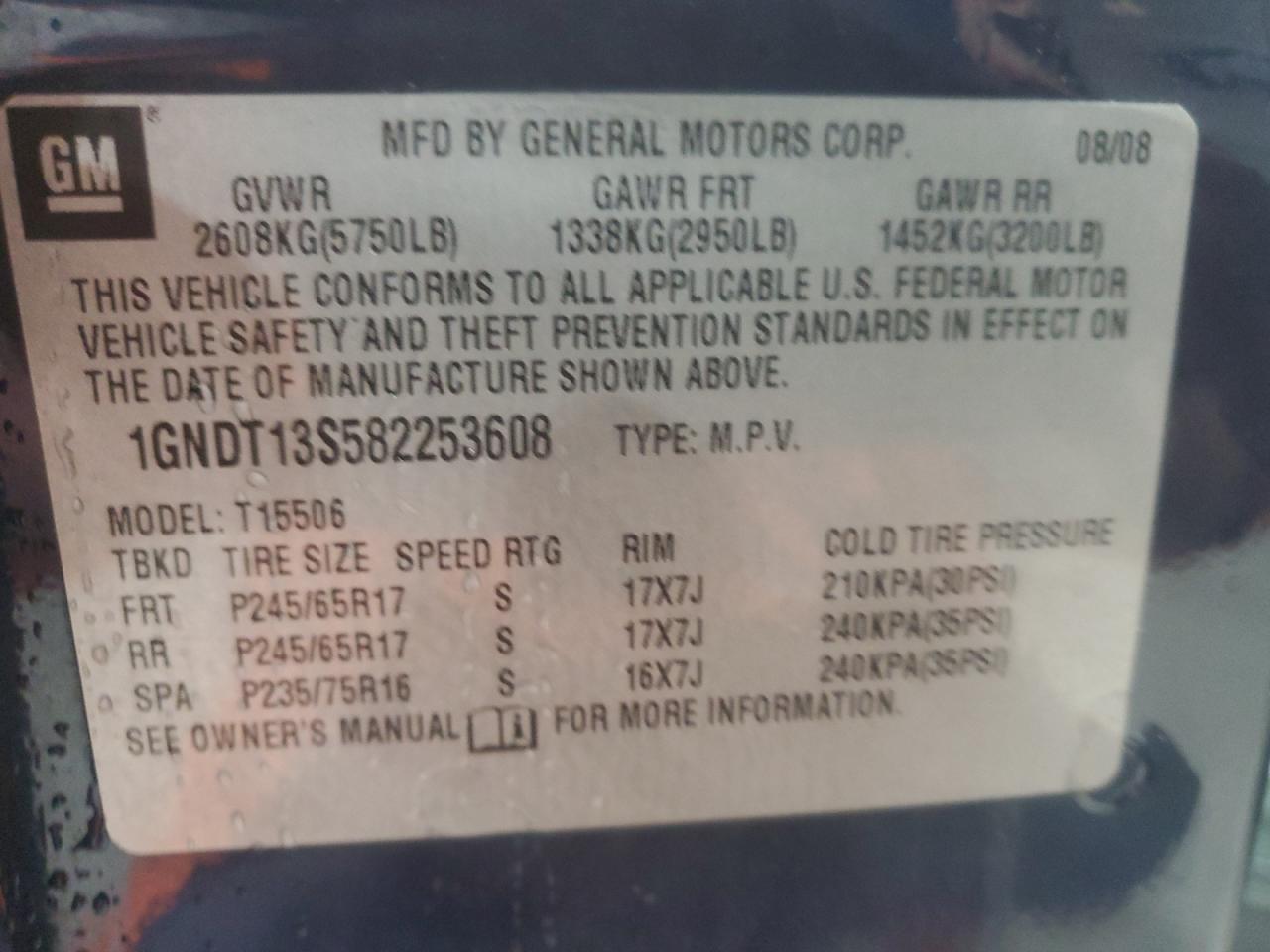 2008 Chevrolet Trailblazer Ls VIN: 1GNDT13S582253608 Lot: 93025095