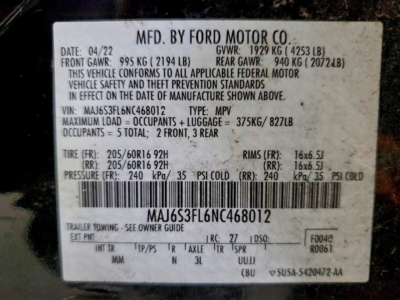 2022 Ford Ecosport S VIN: MAJ6S3FL6NC468012 Lot: 93831525