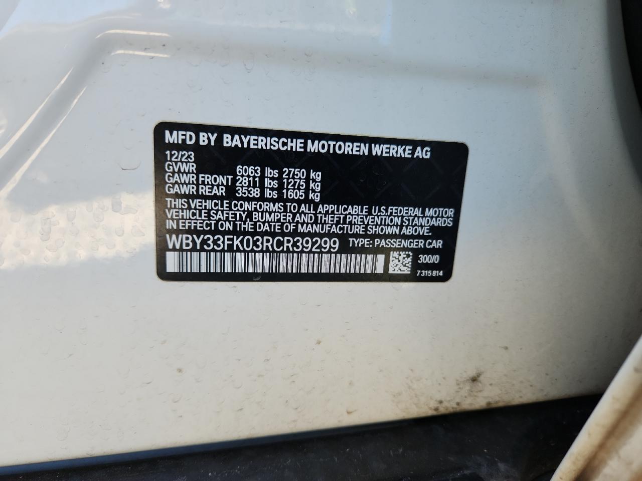 2024 BMW I5 Edrive 40 VIN: WBY33FK03RCR39299 Lot: 92724025