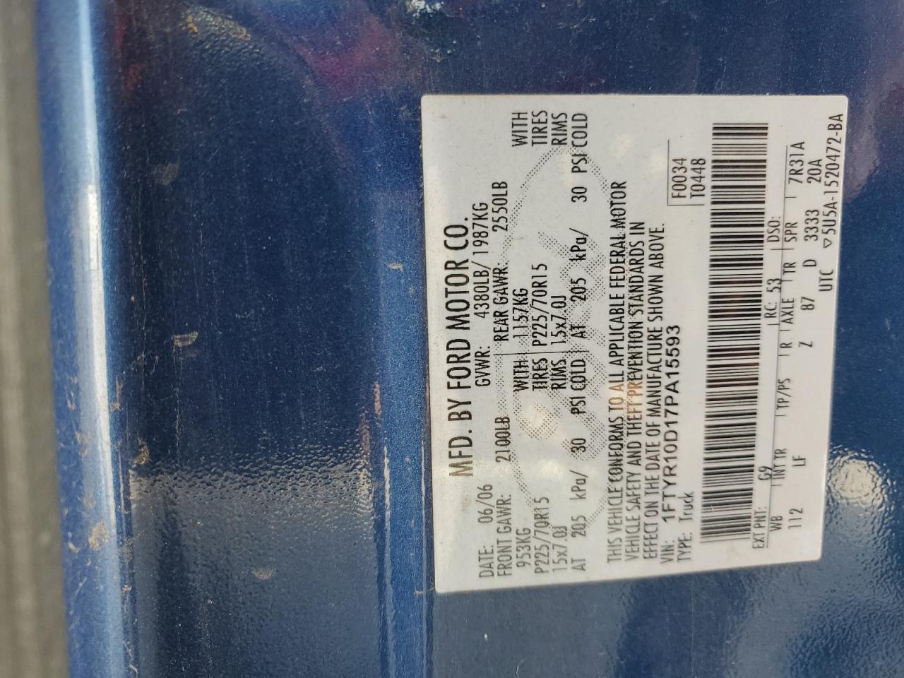 2007 Ford Ranger VIN: 1FTYR10D17PA15593 Lot: 92377855