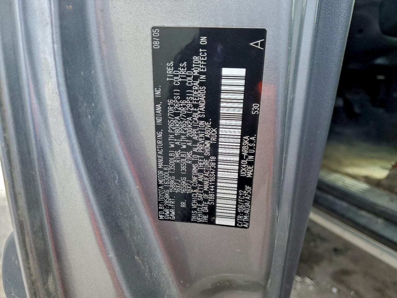 2006 Toyota Tundra Access Cab Sr5 VIN: 5TBBT44116S473818 Lot: 93557625