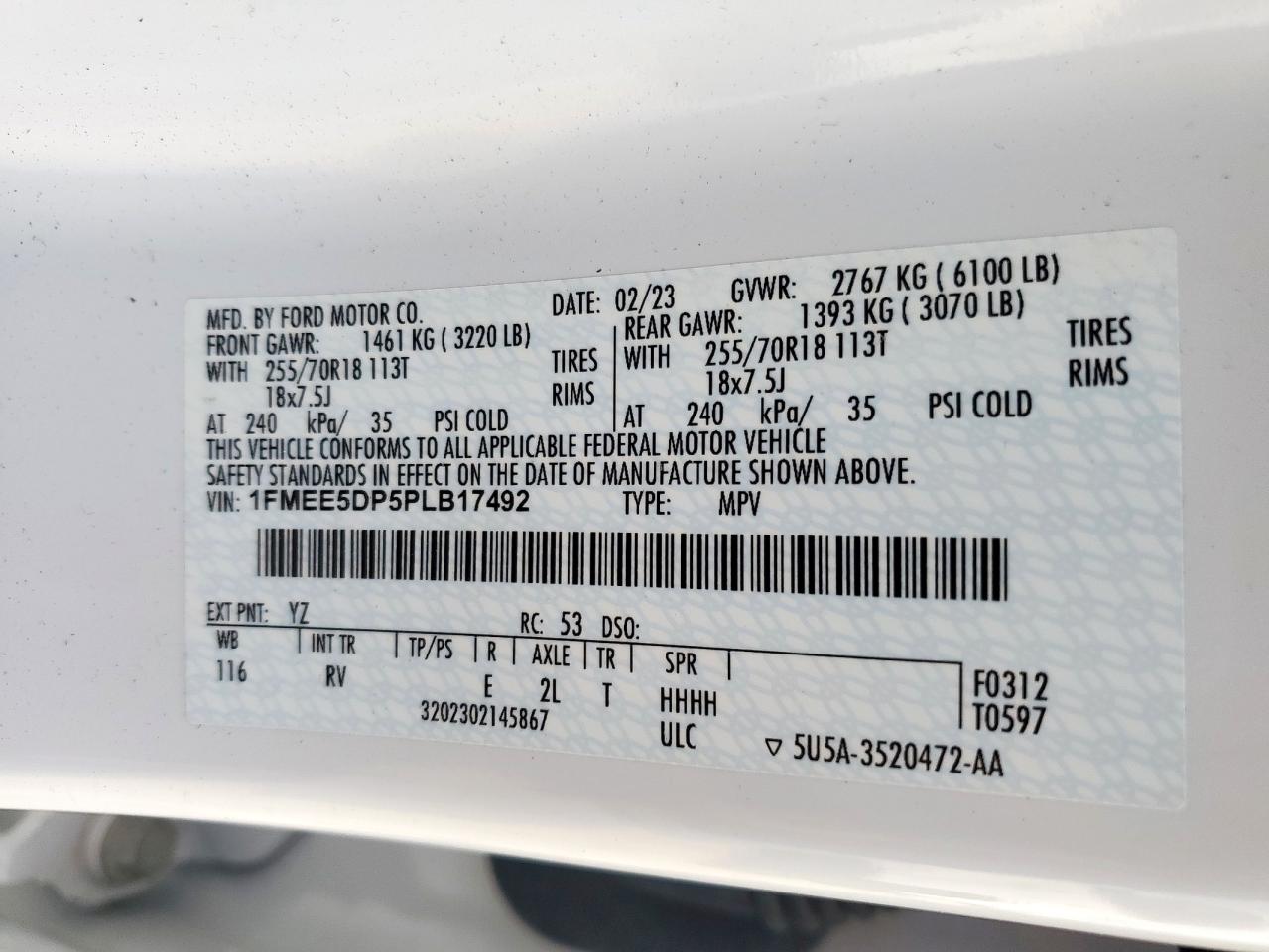 2023 Ford Bronco Base VIN: 1FMEE5DP5PLB17492 Lot: 92749175