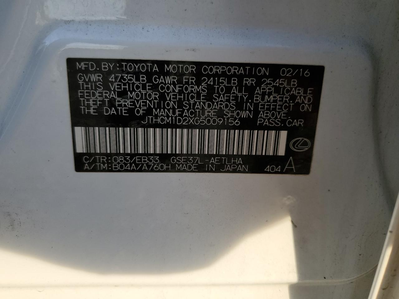 2016 Lexus Is 300 VIN: JTHCM1D2XG5009156 Lot: 92752095