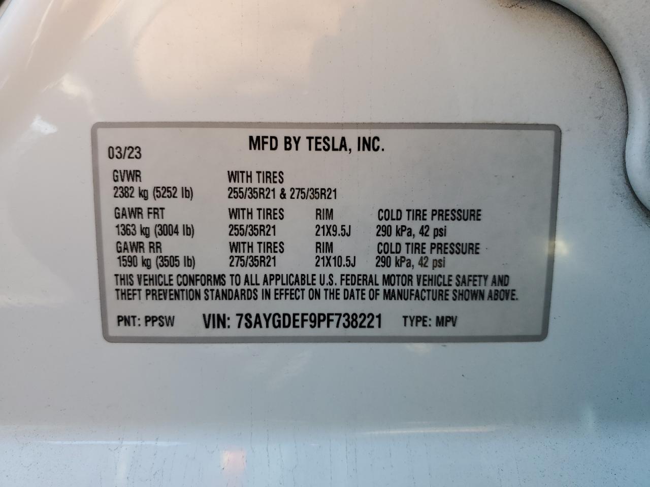 2023 Tesla Model Y VIN: 7SAYGDEF9PF738221 Lot: 90891095