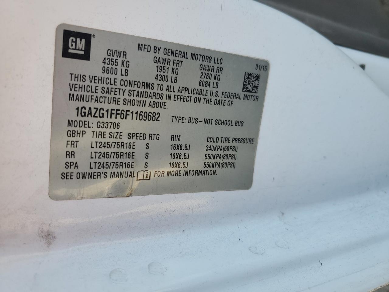 2015 Chevrolet Express G3500 Lt VIN: 1GAZG1FF6F1169682 Lot: 92254925