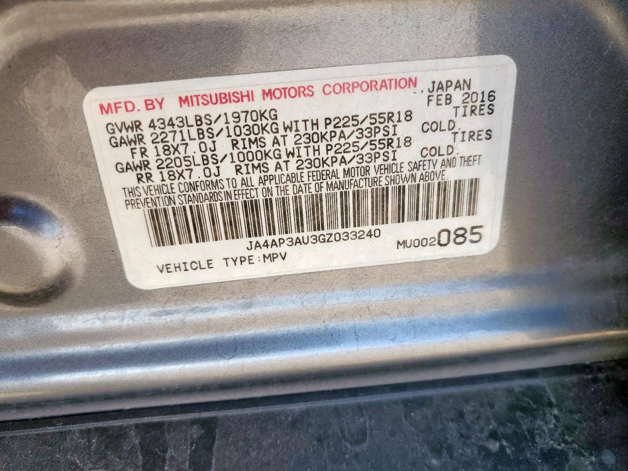 2016 Mitsubishi Outlander Sport Es VIN: JA4AP3AU3GZ033240 Lot: 91926435