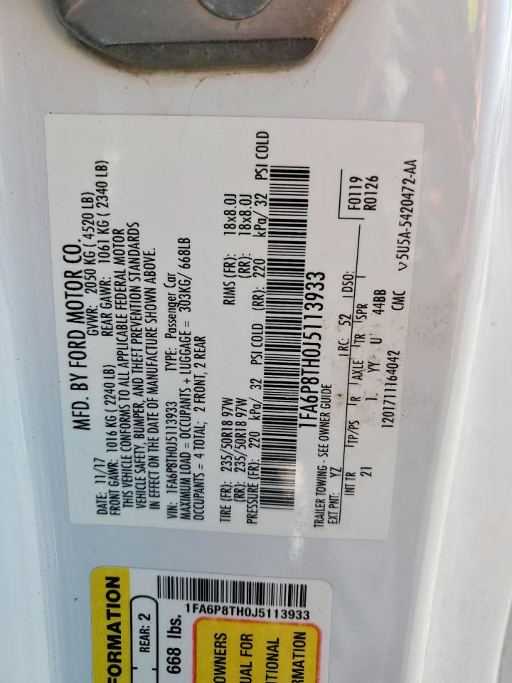 2018 Ford Mustang VIN: 1FA6P8TH0J5113933 Lot: 92417315