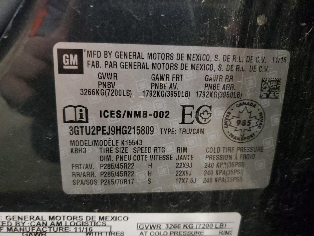 2017 GMC Sierra K1500 Denali VIN: 3GTU2PEJ9HG215809 Lot: 92167995