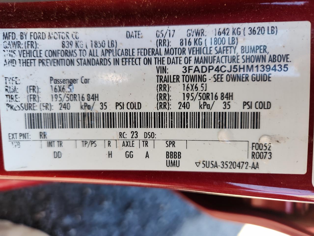 2017 Ford Fiesta Titanium VIN: 3FADP4CJ5HM139435 Lot: 91511115