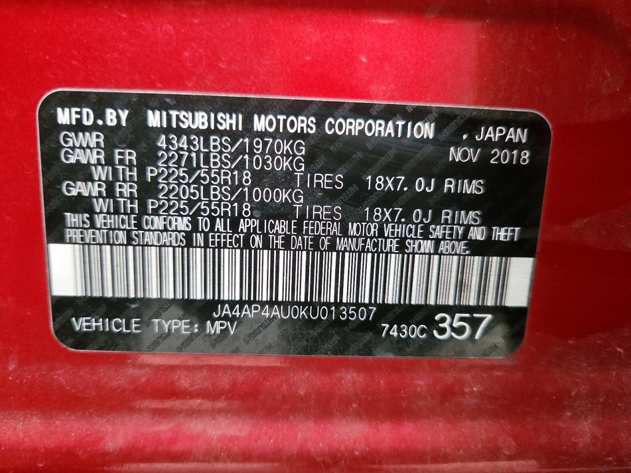 2019 Mitsubishi Outlander Sport Se VIN: JA4AP4AU0KU013507 Lot: 93485935