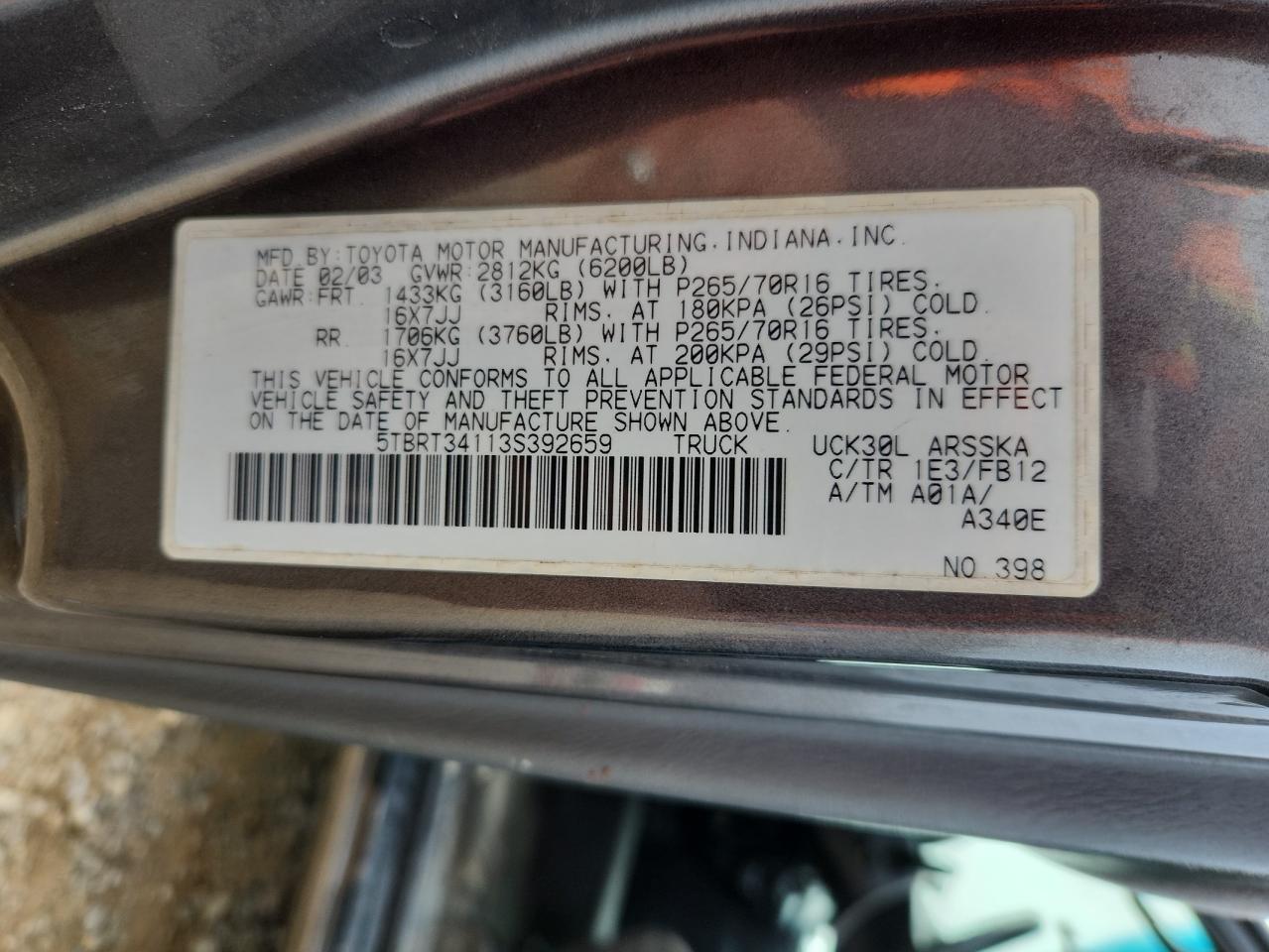 2003 Toyota Tundra Access Cab Sr5 VIN: 5TBRT34113S392659 Lot: 93765125