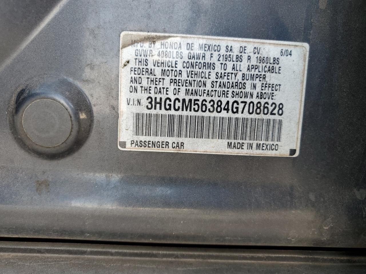 2004 Honda Accord Lx VIN: 3HGCM56384G708628 Lot: 92087685