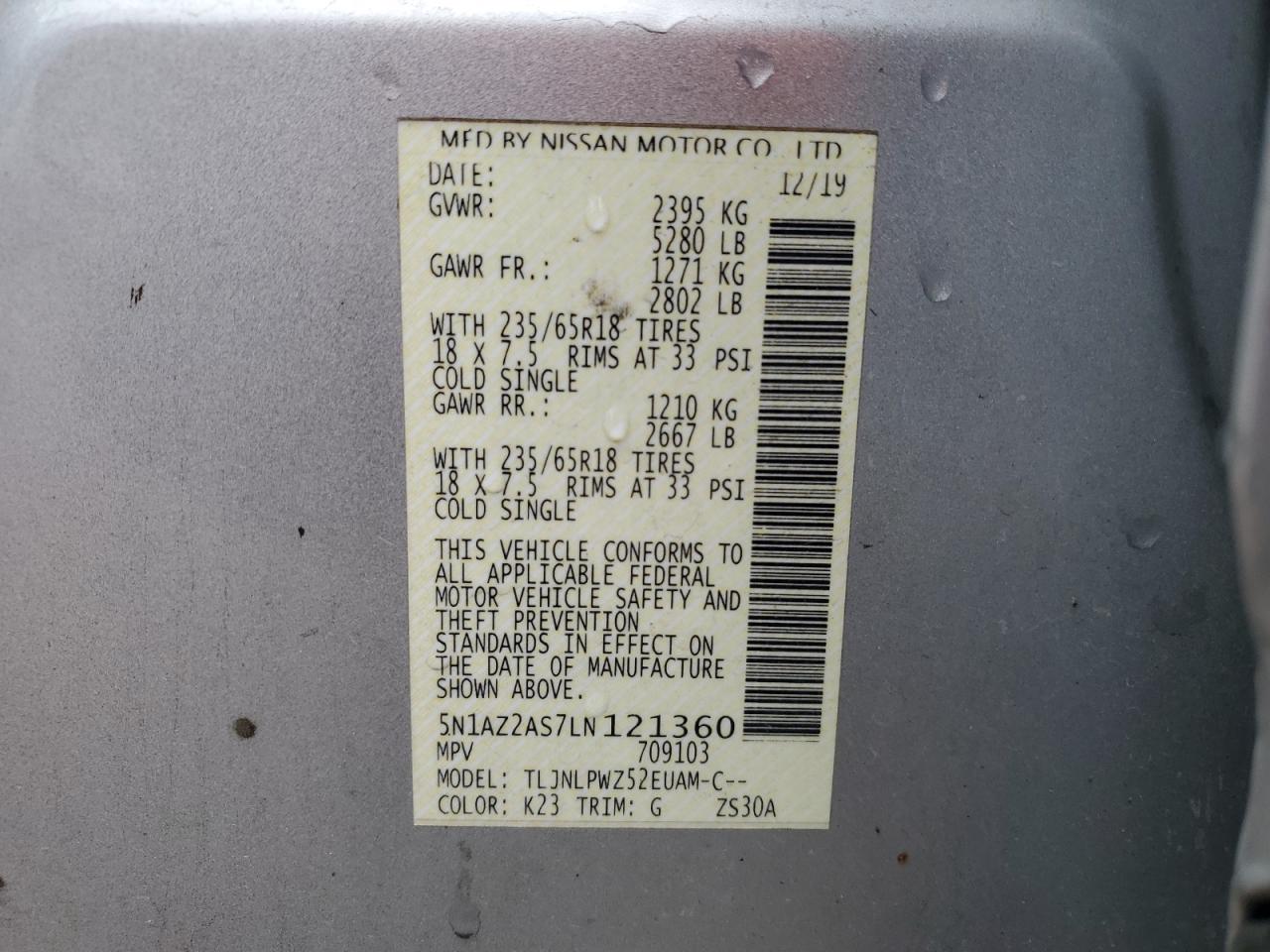 2020 Nissan Murano S VIN: 5N1AZ2AS7LN121360 Lot: 93433425