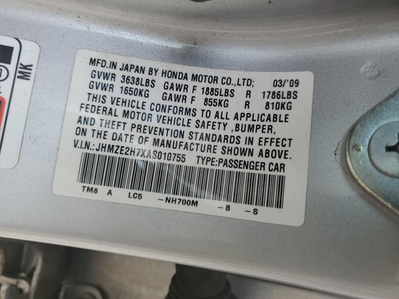 2010 Honda Insight Ex VIN: JHMZE2H7XAS010755 Lot: 91515425