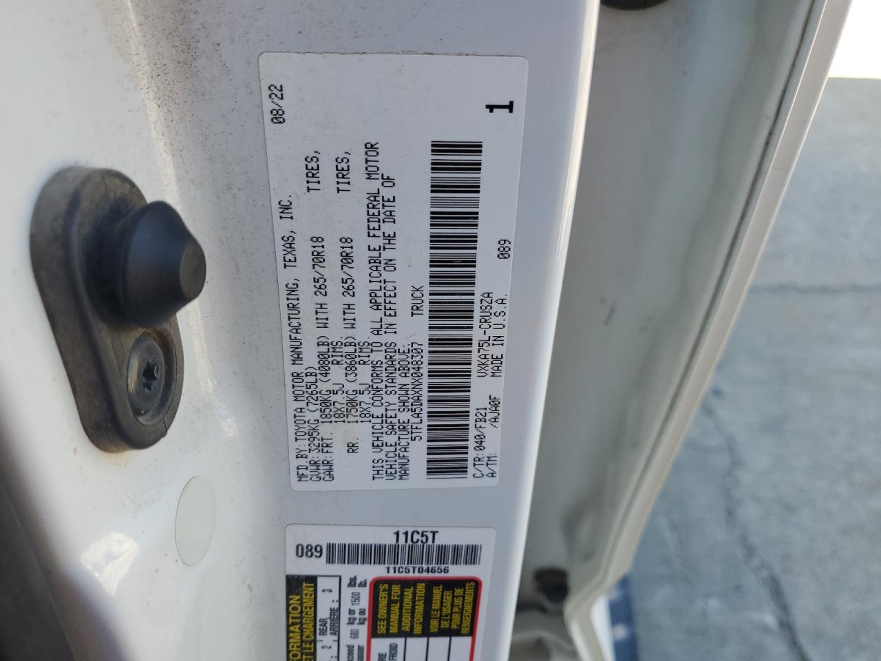 2022 Toyota Tundra Double Cab Sr VIN: 5TFLA5DAXNX048307 Lot: 92013955