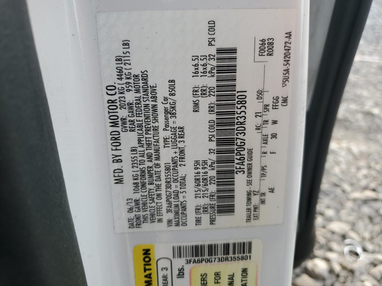 2013 Ford Fusion S VIN: 3FA6P0G73DR355801 Lot: 93532025