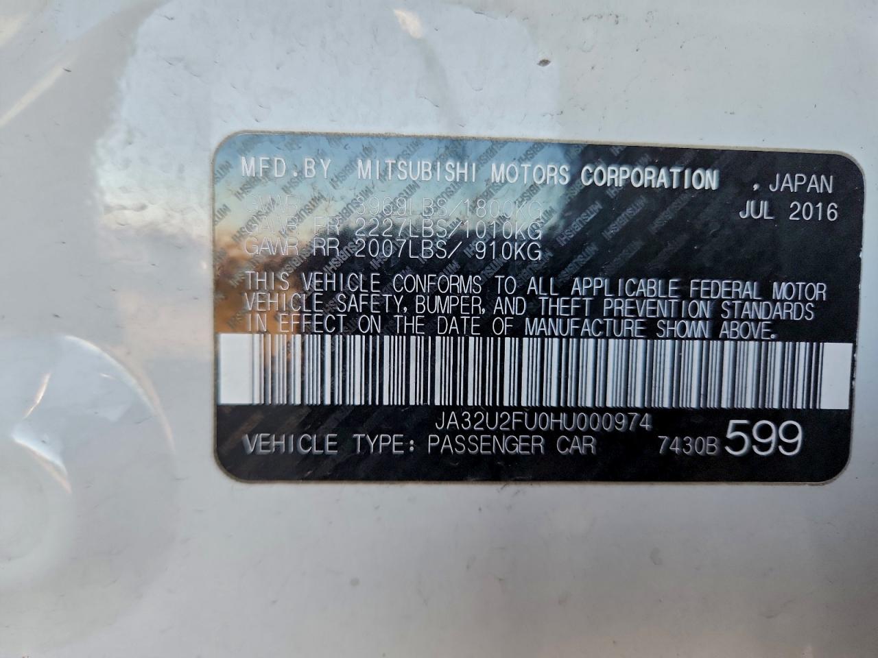 2017 Mitsubishi Lancer Es VIN: JA32U2FU0HU000974 Lot: 93493525