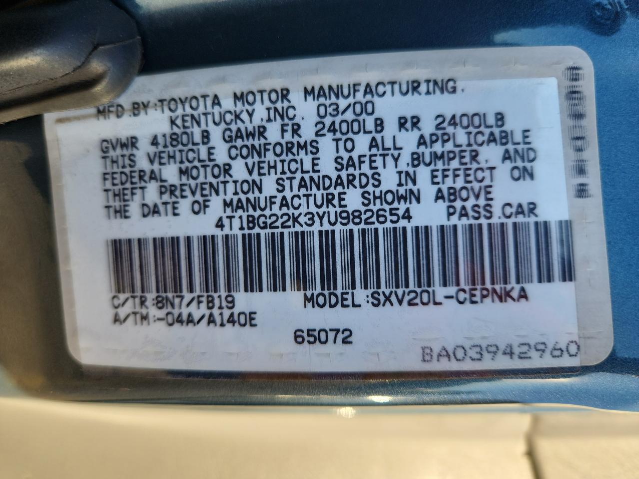 2000 Toyota Camry Ce VIN: 4T1BG22K3YU982654 Lot: 90749825