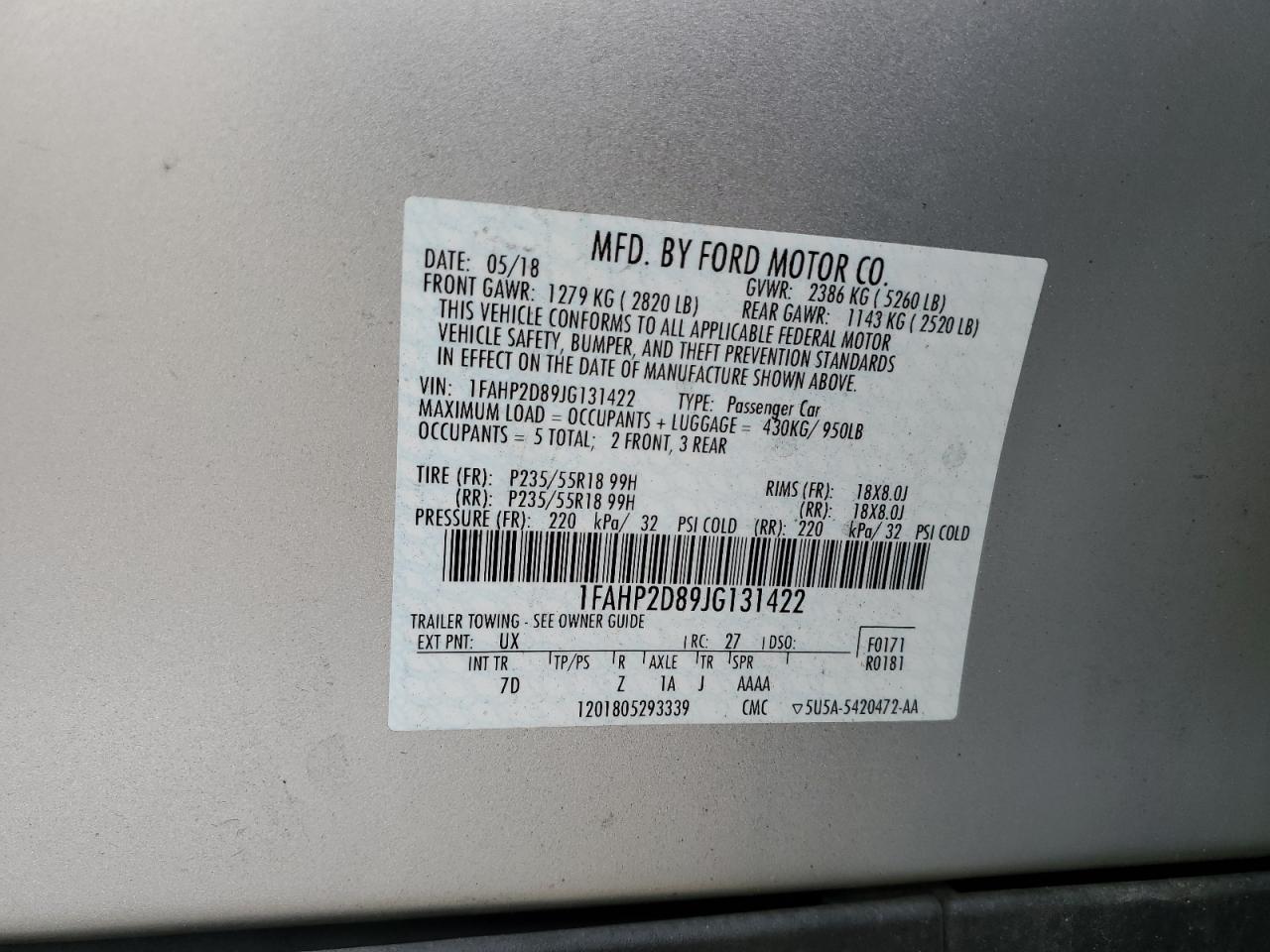 2018 Ford Taurus Se VIN: 1FAHP2D89JG131422 Lot: 91292775